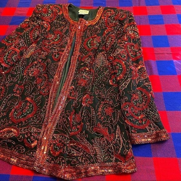 Neiman Marcus Vtg Cocktail Black Red Gold Sequin Beaded Jacket Size Large - Picture 5 of 13